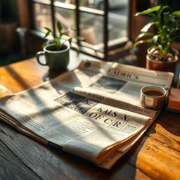 A beautifully detailed, vintage-style newspaper lying on a wooden table, with slightly yellowed pages featuring classic headlines and articles, soft sunlight casting gentle shadows across the paper