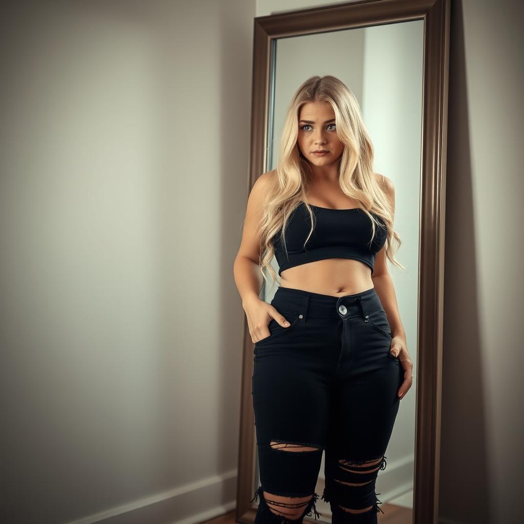 In a softly lit room, a beautiful and stunning girl with long blond hair and striking blue eyes stands in front of a full-length mirror, tears streaming down her face as she gazes at her reflection