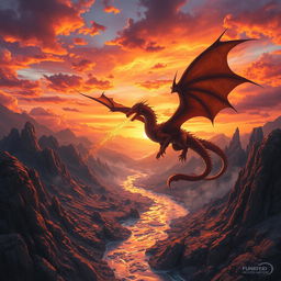A dynamic and breathtaking scene showcasing a dragon soaring through a sky painted with vibrant hues of orange, red, and purple, set against a backdrop of a fiery sunset