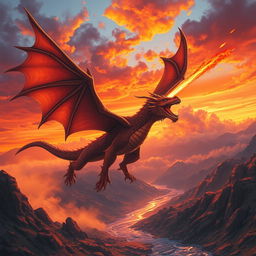 A dynamic and breathtaking scene showcasing a dragon soaring through a sky painted with vibrant hues of orange, red, and purple, set against a backdrop of a fiery sunset