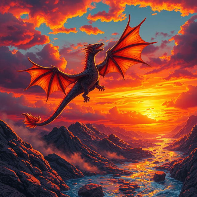 A dynamic and breathtaking scene showcasing a dragon soaring through a sky painted with vibrant hues of orange, red, and purple, set against a backdrop of a fiery sunset