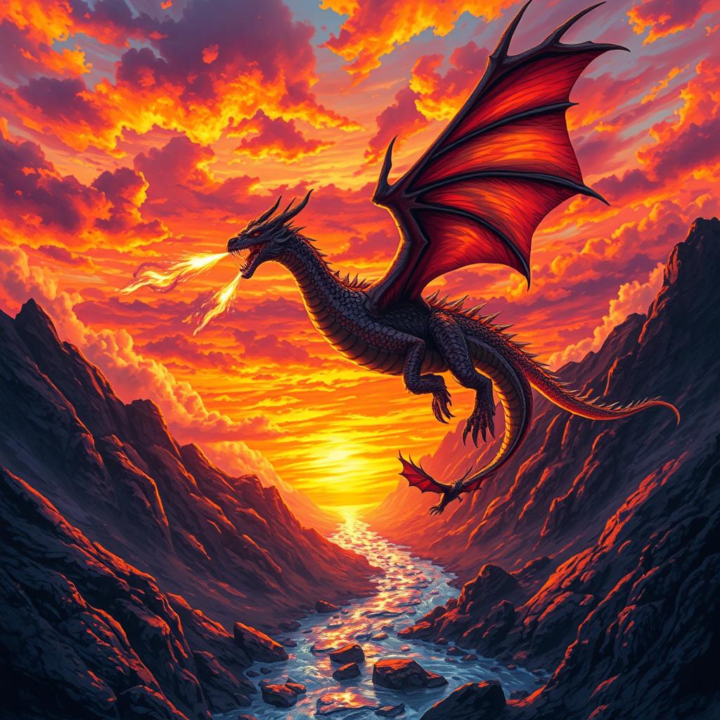 A dynamic and breathtaking scene showcasing a dragon soaring through a sky painted with vibrant hues of orange, red, and purple, set against a backdrop of a fiery sunset