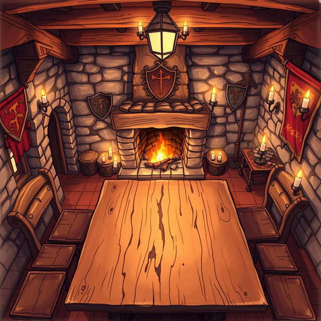 A top view anime sketch of an empty table in a fantasy tavern, featuring a rustic wooden table with polished surfaces and intricate carvings