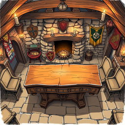 A top view anime sketch of an empty table in a fantasy tavern, featuring a rustic wooden table with polished surfaces and intricate carvings