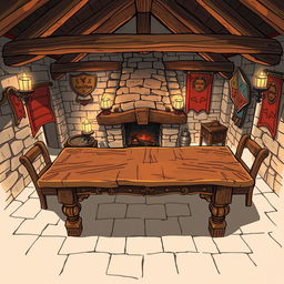 A top view anime sketch of an empty table in a fantasy tavern, featuring a rustic wooden table with polished surfaces and intricate carvings