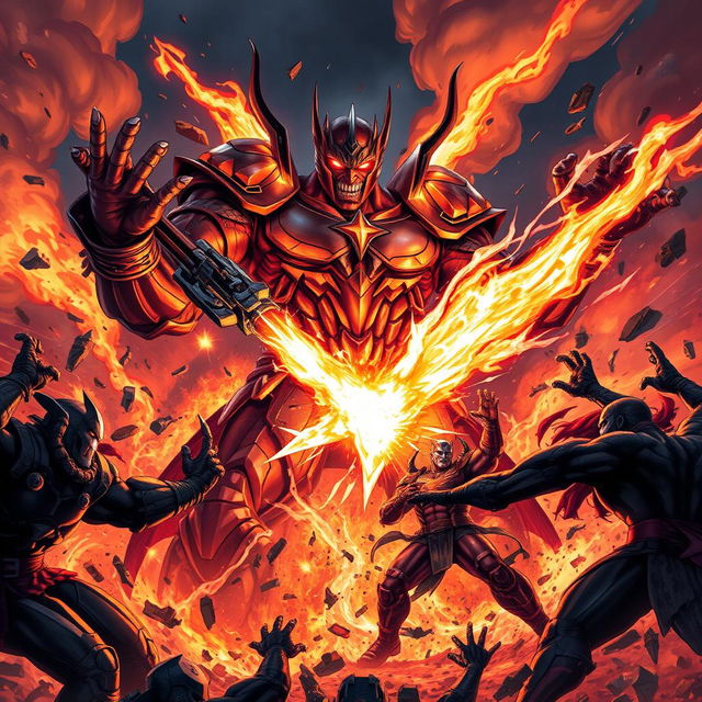 Marvel's Apocalypse in the heat of battle, surrounded by fiery explosions, his massive figure towering over his opponents, wielding a glowing energy weapon, eyes and armor pulsating with power