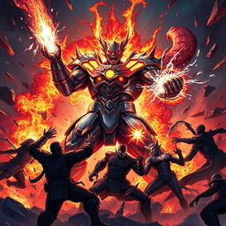Marvel's Apocalypse in the heat of battle, surrounded by fiery explosions, his massive figure towering over his opponents, wielding a glowing energy weapon, eyes and armor pulsating with power