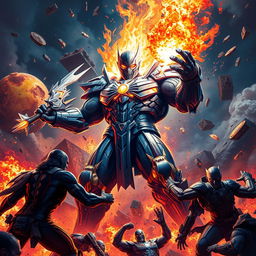 Marvel's Apocalypse in the heat of battle, surrounded by fiery explosions, his massive figure towering over his opponents, wielding a glowing energy weapon, eyes and armor pulsating with power