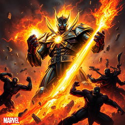 Marvel's Apocalypse in the heat of battle, surrounded by fiery explosions, his massive figure towering over his opponents, wielding a glowing energy weapon, eyes and armor pulsating with power
