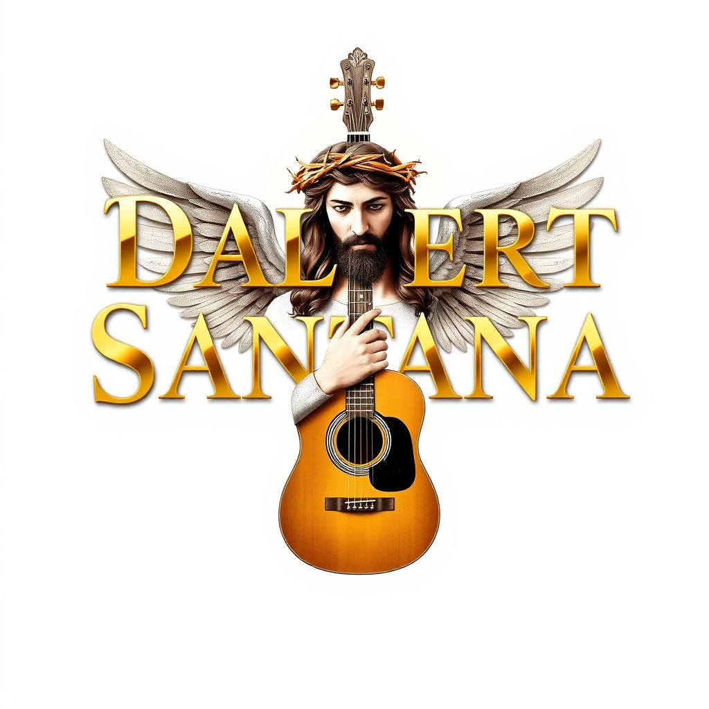 A banner for the Catholic band 'Dalbert Santana' featuring angelic letters in gold and silver, designed to look mirrored on a white background