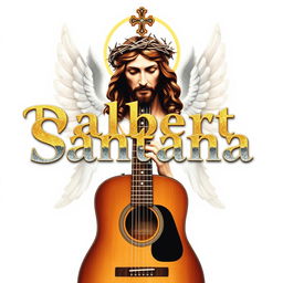 A banner for the Catholic band 'Dalbert Santana' featuring angelic letters in gold and silver, designed to look mirrored on a white background