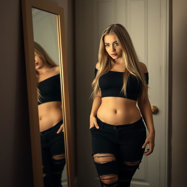 In a softly illuminated room, a beautiful and stunning girl with long blond hair and striking blue eyes stares at her reflection in a full-length mirror, tears streaming down her face as she grapples with her emotions about gaining weight