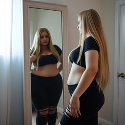 In a softly illuminated room, a beautiful and stunning girl with long blond hair and striking blue eyes stares at her reflection in a full-length mirror, tears streaming down her face as she grapples with her emotions about gaining weight