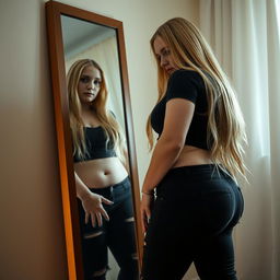In a softly illuminated room, a beautiful and stunning girl with long blond hair and striking blue eyes stares at her reflection in a full-length mirror, tears streaming down her face as she grapples with her emotions about gaining weight