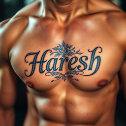 A close-up view of a muscular male chest featuring a beautifully designed tattoo with the name 'Haresh' prominently displayed in an intricate, artistic font