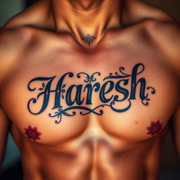 A close-up view of a muscular male chest featuring a beautifully designed tattoo with the name 'Haresh' prominently displayed in an intricate, artistic font