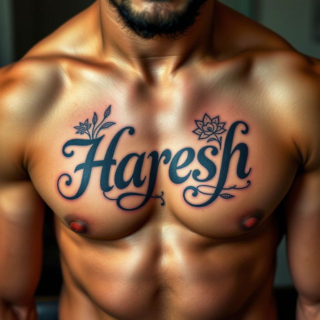 A close-up view of a muscular male chest featuring a beautifully designed tattoo with the name 'Haresh' prominently displayed in an intricate, artistic font