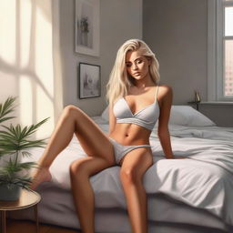 An ultra-realistic, high-quality digital painting features a blonde Instagram model reclining on a bed