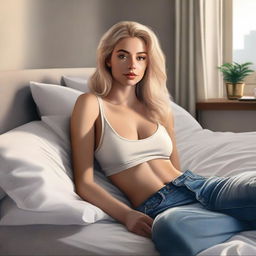 An ultra-realistic, high-quality digital painting features a blonde Instagram model reclining on a bed