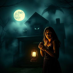 A chilling scene from a horror film, featuring a dimly lit, abandoned house at night, surrounded by eerie fog