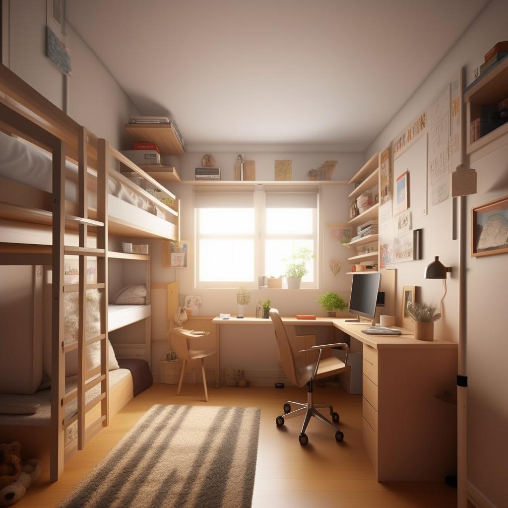 Design a student's room within a 12*20 space, including affordable yet cool and spacious features like a compact study area, comfortable sleeping area, clever storage solutions, and a generally cozy atmosphere.