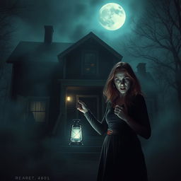 A chilling scene from a horror film, featuring a dimly lit, abandoned house at night, surrounded by eerie fog