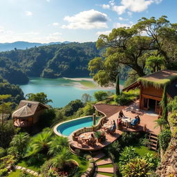 A stunning eco-friendly resort nestled in a lush green landscape, featuring sustainable architecture, solar panels, and natural materials
