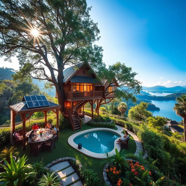 A stunning eco-friendly resort nestled in a lush green landscape, featuring sustainable architecture, solar panels, and natural materials