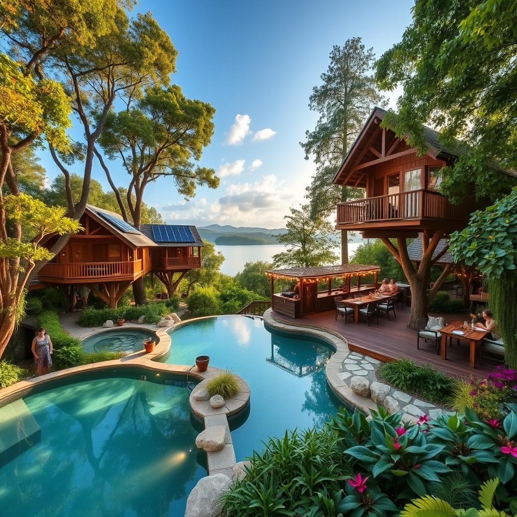 A stunning eco-friendly resort nestled in a lush green landscape, featuring sustainable architecture, solar panels, and natural materials