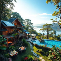A stunning eco-friendly resort nestled in a lush green landscape, featuring sustainable architecture, solar panels, and natural materials
