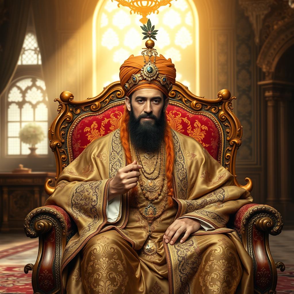 A serene and majestic depiction of an Ottoman sultan in an opulent palace, sitting on an ornate throne adorned with intricate designs