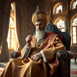 A serene and majestic depiction of an Ottoman sultan in an opulent palace, sitting on an ornate throne adorned with intricate designs