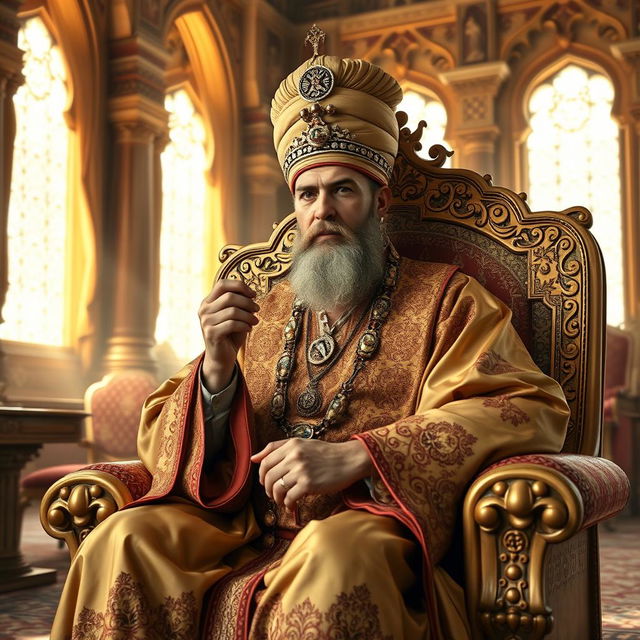 A serene and majestic depiction of an Ottoman sultan in an opulent palace, sitting on an ornate throne adorned with intricate designs