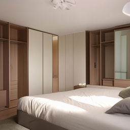 Modern bedroom featuring a comfortable bed, stylish wardrobes and a wall-mounted TV.