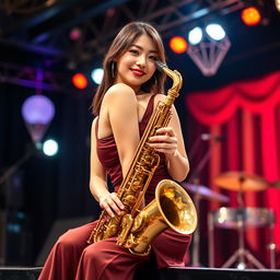 A beautiful Korean woman posing elegantly and attractively, seated on a stage while holding a saxophone, facing the camera with a soft smile