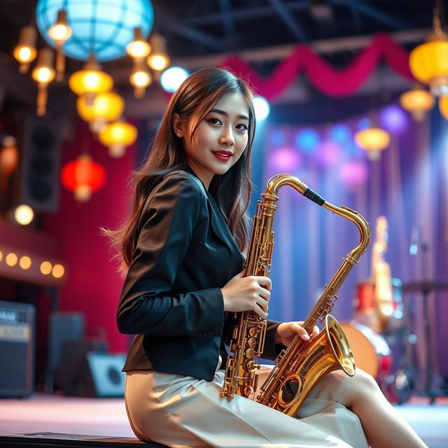 A beautiful Korean woman posing elegantly and attractively, seated on a stage while holding a saxophone, facing the camera with a soft smile