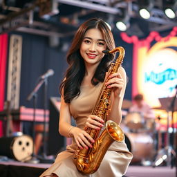 A beautiful Korean woman posing elegantly and attractively, seated on a stage while holding a saxophone, facing the camera with a soft smile