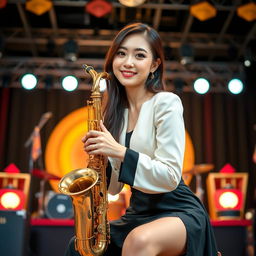 A beautiful Korean woman posing elegantly and attractively, seated on a stage while holding a saxophone, facing the camera with a soft smile