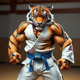 An anthropomorphic hypermuscular tiger dressed in traditional Brazilian Jiu-Jitsu clothing, showcasing its powerful physique and detailed fur texture