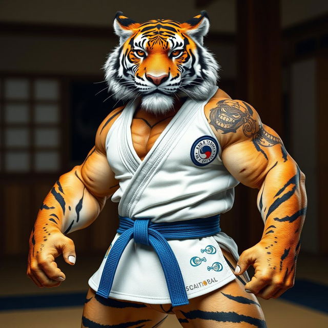 An anthropomorphic hypermuscular tiger dressed in traditional Brazilian Jiu-Jitsu clothing, showcasing its powerful physique and detailed fur texture