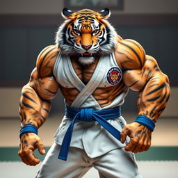 An anthropomorphic hypermuscular tiger dressed in traditional Brazilian Jiu-Jitsu clothing, showcasing its powerful physique and detailed fur texture