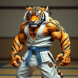 An anthropomorphic hypermuscular tiger dressed in traditional Brazilian Jiu-Jitsu clothing, showcasing its powerful physique and detailed fur texture