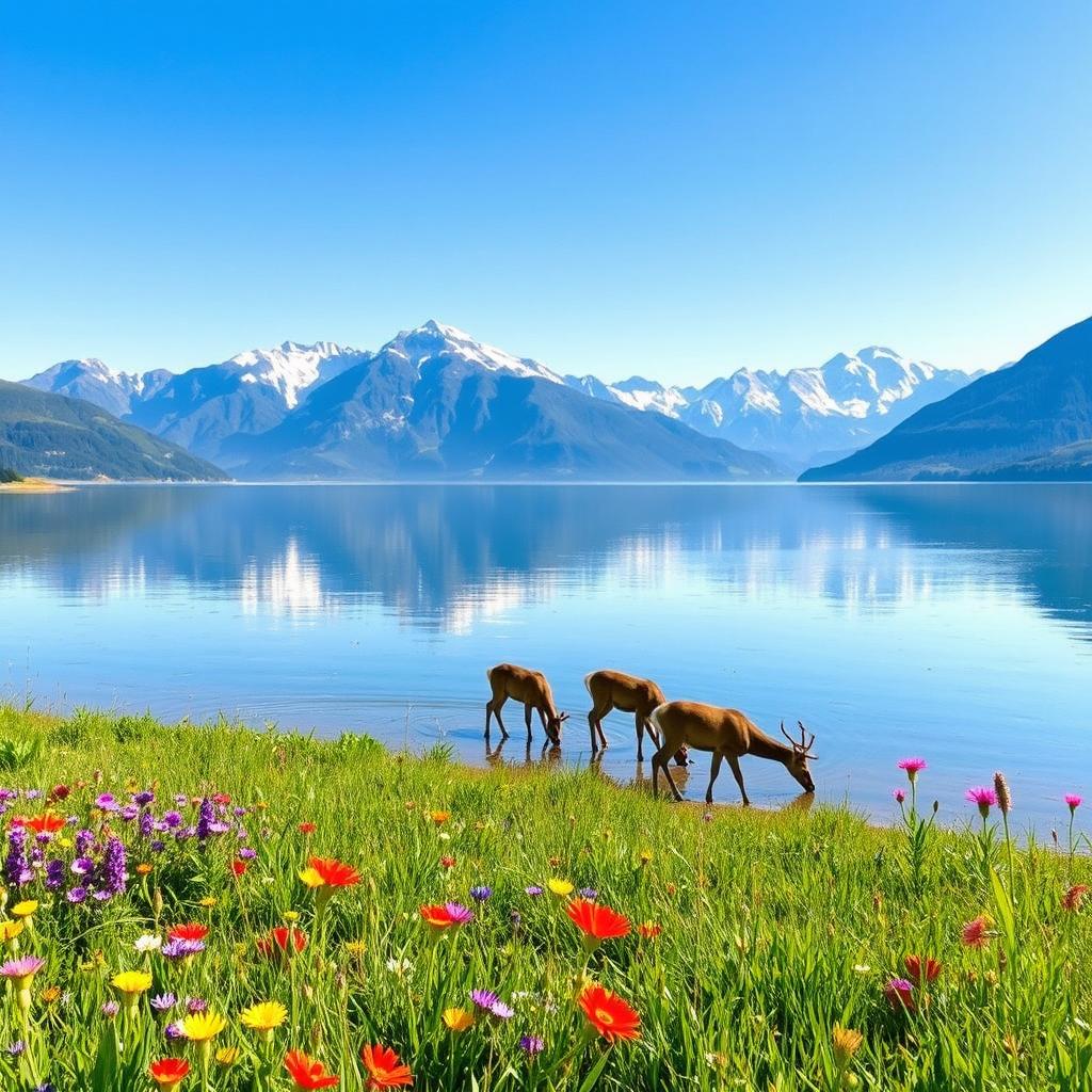 A picturesque landscape featuring a serene lake surrounded by majestic mountains, reflecting the clear blue sky