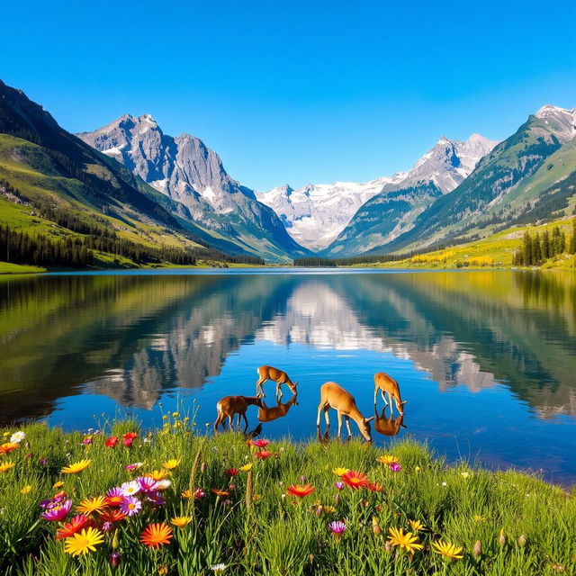 A picturesque landscape featuring a serene lake surrounded by majestic mountains, reflecting the clear blue sky