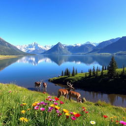 A picturesque landscape featuring a serene lake surrounded by majestic mountains, reflecting the clear blue sky