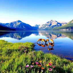 A picturesque landscape featuring a serene lake surrounded by majestic mountains, reflecting the clear blue sky