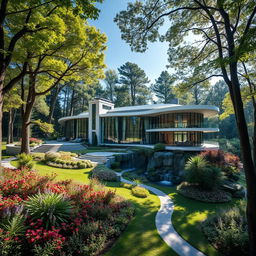 A stunning, luxurious mansion nestled in the heart of a lush natural landscape
