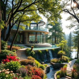 A stunning, luxurious mansion nestled in the heart of a lush natural landscape