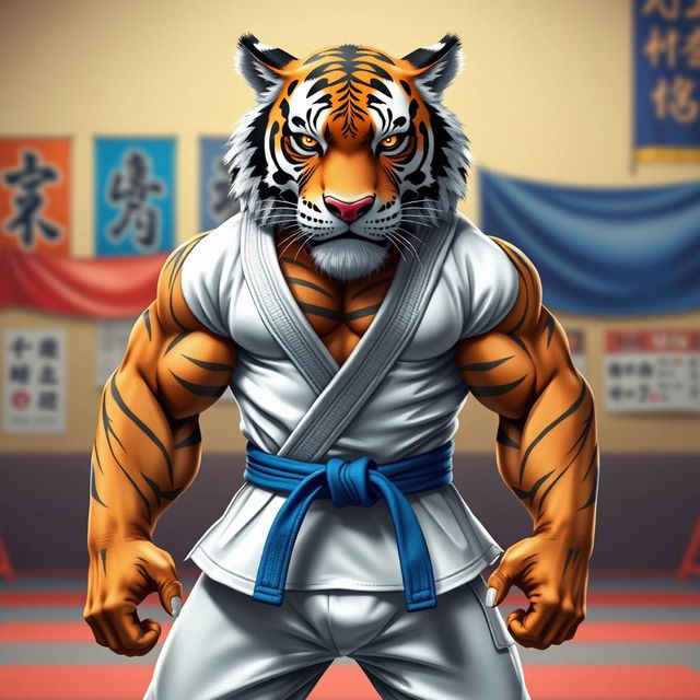 An anthropomorphic hypermuscular tiger wearing traditional Brazilian Jiu-Jitsu attire, including a white gi and a blue belt
