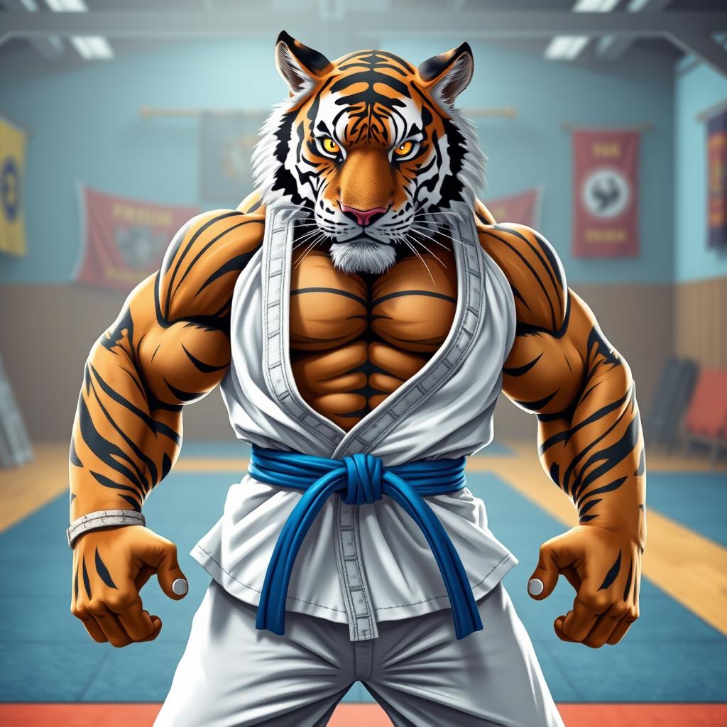 An anthropomorphic hypermuscular tiger wearing traditional Brazilian Jiu-Jitsu attire, including a white gi and a blue belt